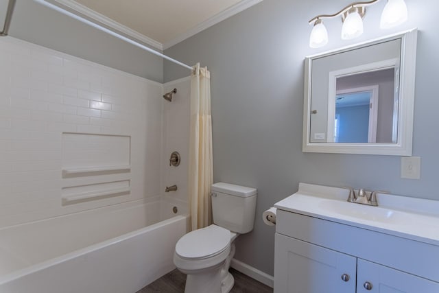 full bath featuring crown molding, vanity, toilet, wood finished floors, and shower / tub combo