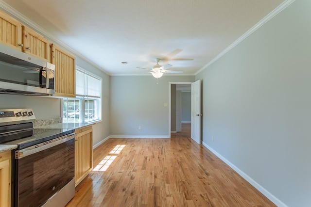 kitchen featuring ornamental molding, ceiling fan, appliances with stainless steel finishes, light wood-type flooring, and light brown cabinetry