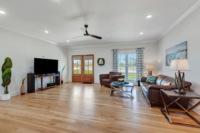 57 Watson Ct, Leoma, TN 38468 - living room with light wood finished floors, a ceiling fan, crown molding, and recessed lighting