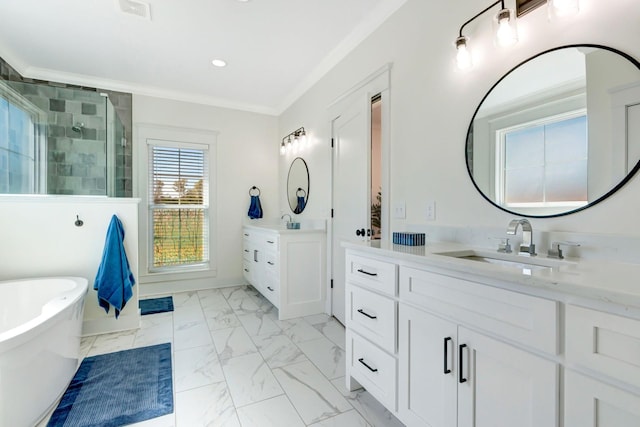 57 Watson Ct, Leoma, TN 38468 - bathroom featuring a stall shower, two vanities, a soaking tub, ornamental molding, and marble finish flooring