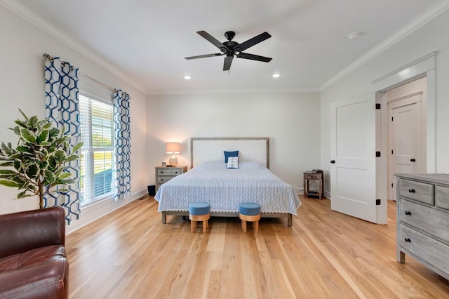 57 Watson Ct, Leoma, TN 38468 - bedroom featuring light wood-style flooring, crown molding, recessed lighting, and a ceiling fan