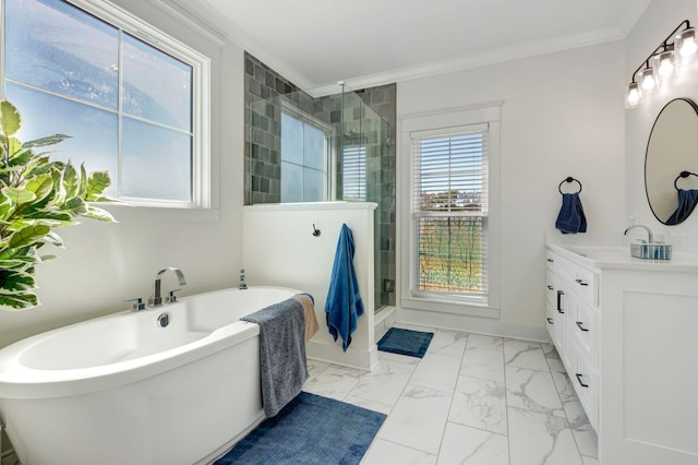 57 Watson Ct, Leoma, TN 38468 - bathroom with vanity, a shower stall, a soaking tub, marble finish flooring, and ornamental molding