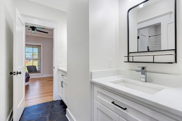 57 Watson Ct, Leoma, TN 38468 - full bathroom with vanity, ornamental molding, a ceiling fan, and tile patterned floors