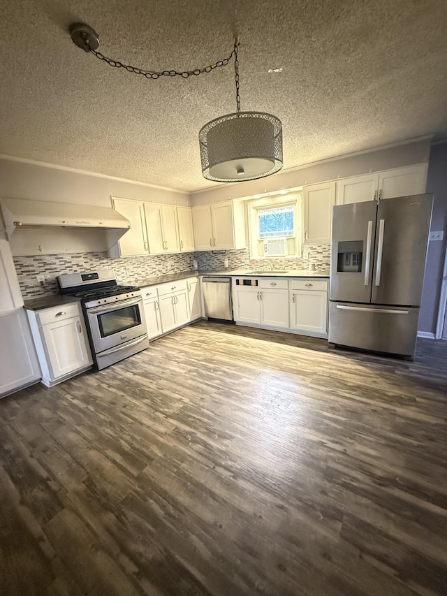 kitchen featuring dark wood-style floors, white cabinets, and stainless steel appliances