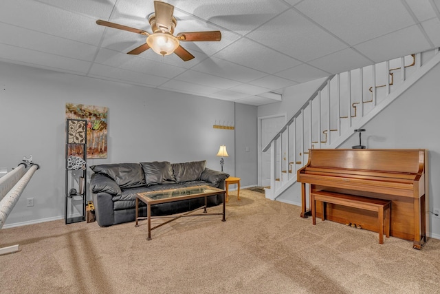 211 Northview Ct, Hendersonville, TN 37075 - living room with carpet flooring, stairway, a paneled ceiling, ceiling fan, and baseboards
