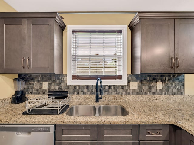 1084 Harrison Way, Clarksville, TN 37042 - kitchen featuring backsplash, dark brown cabinets, stainless steel dishwasher, and a sink