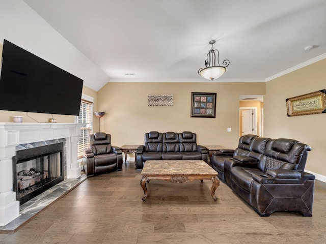 1084 Harrison Way, Clarksville, TN 37042 - living area with lofted ceiling, baseboards, a high end fireplace, and crown molding