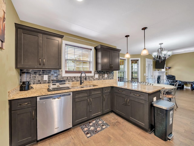 1084 Harrison Way, Clarksville, TN 37042 - kitchen with stainless steel dishwasher, a sink, decorative backsplash, a peninsula, and light wood-style flooring