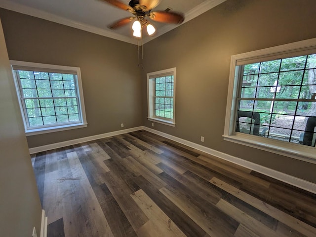spare room featuring dark wood-style floors, ceiling fan, baseboards, and ornamental molding
