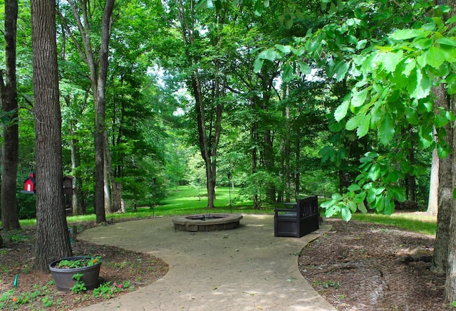 view of property's community featuring an outdoor fire pit and a patio