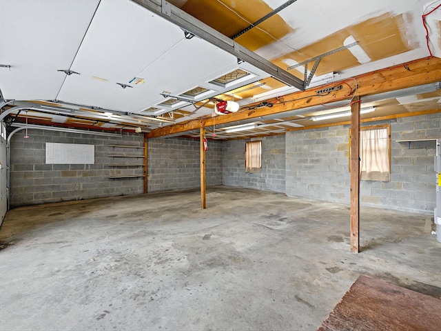 below grade area with a garage and concrete block wall