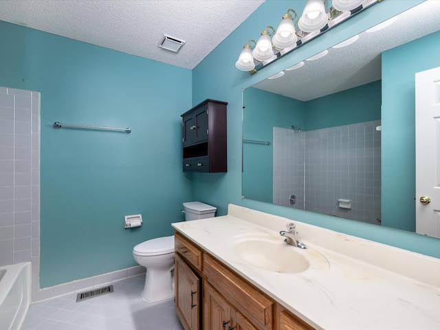 full bathroom featuring visible vents, toilet, a textured ceiling, vanity, and tile patterned flooring