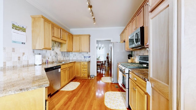 kitchen with light brown cabinets, a sink, light wood-type flooring, tasteful backsplash, and appliances with stainless steel finishes