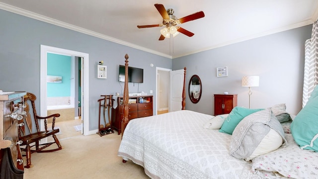 bedroom featuring light carpet, connected bathroom, ceiling fan, and crown molding