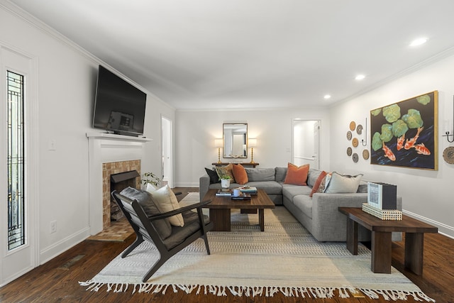 living room featuring ornamental molding, baseboards, wood finished floors, and a fireplace