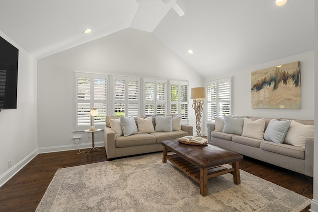 living area featuring ceiling fan, high vaulted ceiling, recessed lighting, wood finished floors, and baseboards