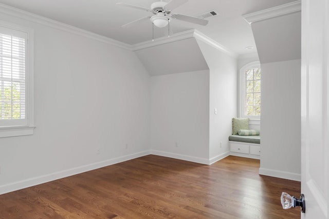 bonus room with visible vents, a wealth of natural light, wood finished floors, and baseboards