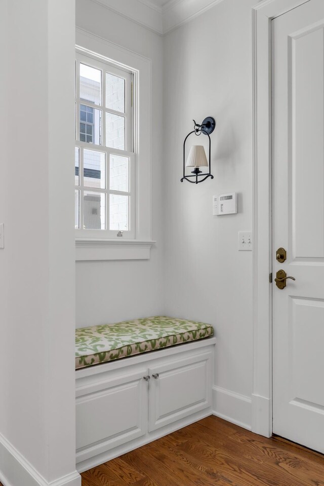 mudroom with dark wood-style flooring and baseboards