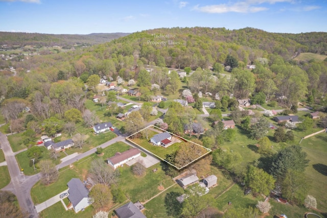 bird's eye view with a wooded view and a residential view
