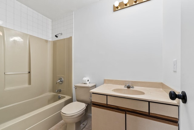 full bath with tile patterned floors, toilet, vanity, and bathing tub / shower combination