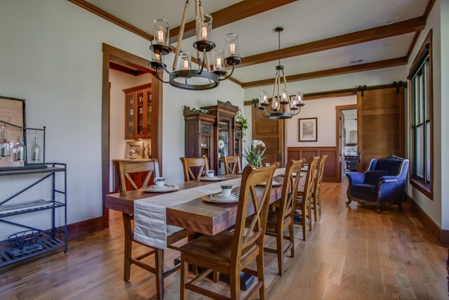 1824 Stryker Pl, Brentwood, TN 37027 - dining space with wainscoting, a chandelier, wood finished floors, beamed ceiling, and ornamental molding