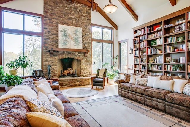 1824 Stryker Pl, Brentwood, TN 37027 - living room featuring beamed ceiling, high vaulted ceiling, and a fireplace