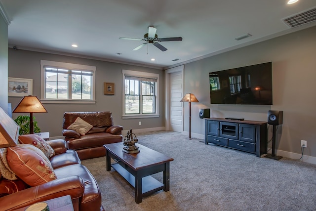 1824 Stryker Pl, Brentwood, TN 37027 - living area featuring carpet floors, ornamental molding, a ceiling fan, and visible vents