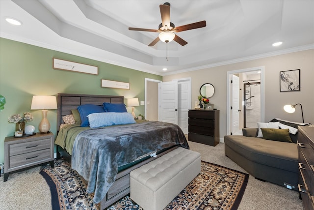 2229 Allen Griffey Rd, Clarksville, TN 37042 - carpeted bedroom featuring crown molding, a raised ceiling, ceiling fan, and recessed lighting
