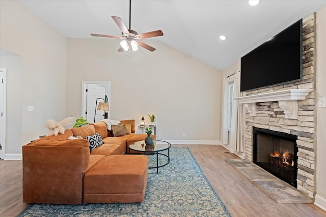 2229 Allen Griffey Rd, Clarksville, TN 37042 - living area with a ceiling fan, a fireplace, wood finished floors, baseboards, and recessed lighting