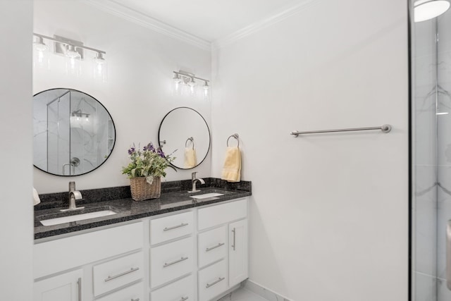 bathroom with a sink, ornamental molding, and double vanity