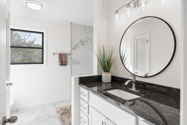 bathroom with visible vents, baseboards, toilet, vanity, and marble finish floor