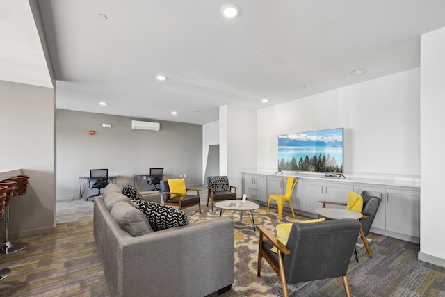 living room featuring recessed lighting, a wall mounted AC, and carpet