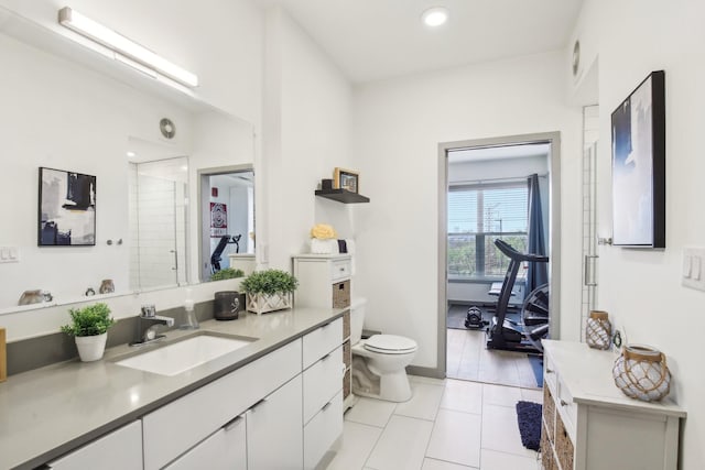 full bathroom with vanity, recessed lighting, toilet, a shower, and tile patterned floors