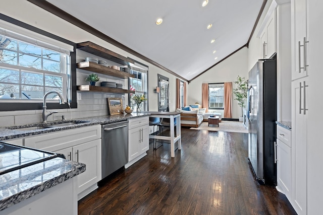 kitchen featuring a sink, a healthy amount of sunlight, vaulted ceiling, and stainless steel appliances