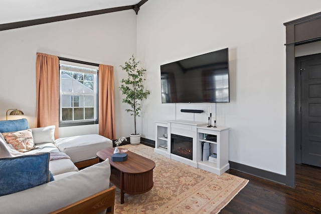 living area with high vaulted ceiling, a glass covered fireplace, baseboards, and dark wood finished floors