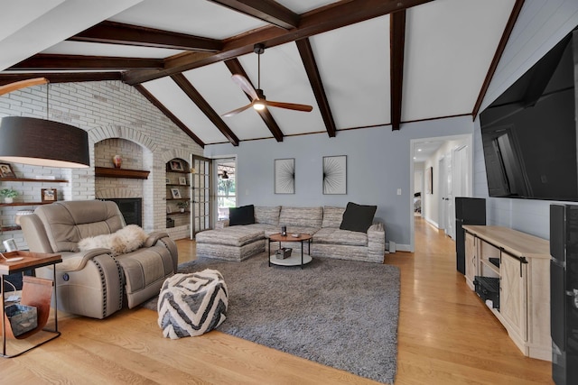 6112 Frontier Ct, Nashville, TN 37211 - living area with lofted ceiling with beams, light wood-type flooring, baseboards, ceiling fan, and a fireplace