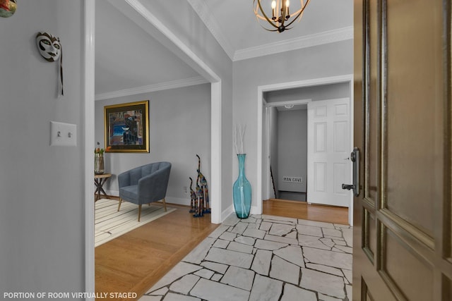 6112 Frontier Ct, Nashville, TN 37211 - entryway with baseboards, a notable chandelier, wood finished floors, and crown molding
