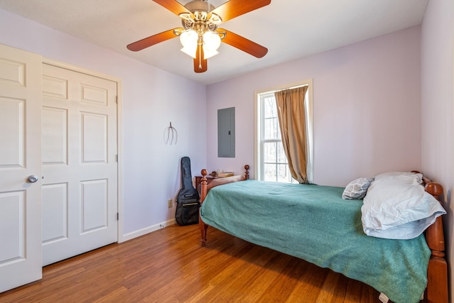 283 Dyestone Springs Rd, Hohenwald, TN 38462 - bedroom with electric panel, light wood-style floors, baseboards, and a ceiling fan