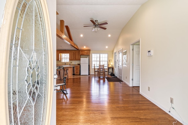 283 Dyestone Springs Rd, Hohenwald, TN 38462 - living room with vaulted ceiling, wood finished floors, a ceiling fan, recessed lighting, and baseboards