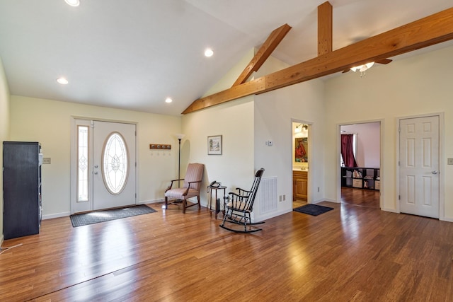 283 Dyestone Springs Rd, Hohenwald, TN 38462 - foyer entrance featuring recessed lighting, wood finished floors, a ceiling fan, high vaulted ceiling, and beam ceiling