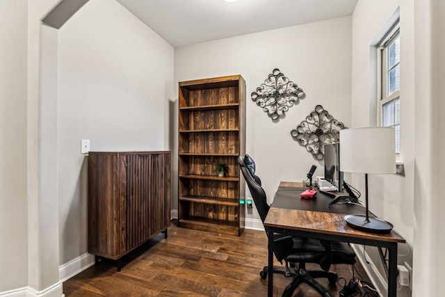office with baseboards and dark wood finished floors