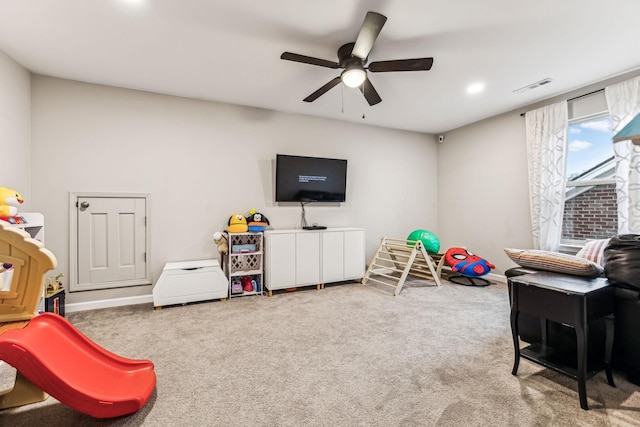 game room with carpet, a ceiling fan, visible vents, recessed lighting, and baseboards