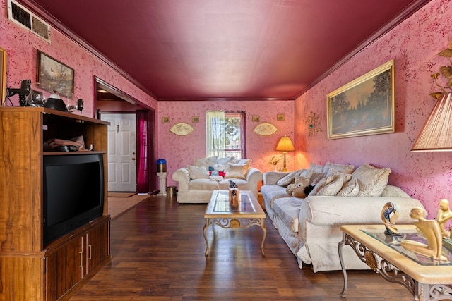 5412 Hunters Rdg, Nashville, TN 37211 - living room featuring wallpapered walls, wood finished floors, visible vents, and crown molding