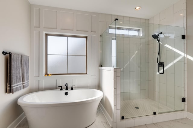 405 Sheas Way, Clarksville, TN 37043 - bathroom featuring marble finish flooring, a stall shower, a soaking tub, baseboards, and recessed lighting