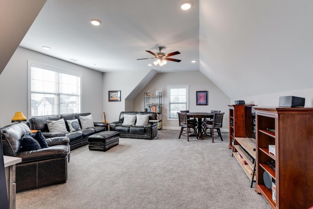 405 Sheas Way, Clarksville, TN 37043 - living area with light carpet, a ceiling fan, lofted ceiling, recessed lighting, and baseboards