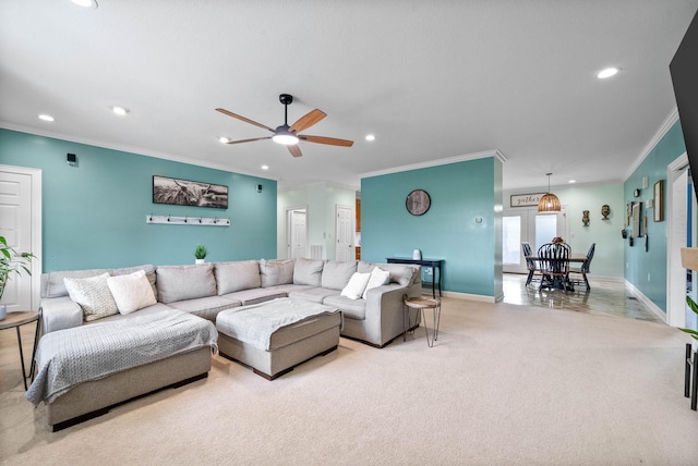 779 Iron Workers Rd W, Clarksville, TN 37043 - carpeted living room featuring recessed lighting, crown molding, baseboards, and a ceiling fan