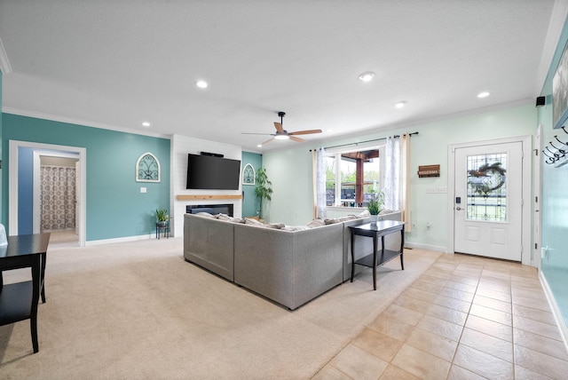 779 Iron Workers Rd W, Clarksville, TN 37043 - living room with recessed lighting, a ceiling fan, ornamental molding, baseboards, and a large fireplace