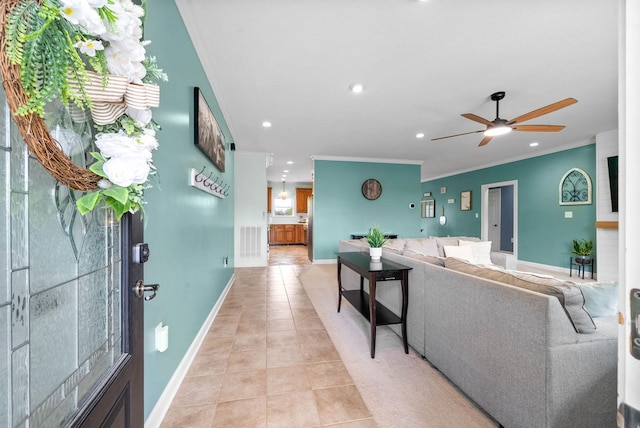 779 Iron Workers Rd W, Clarksville, TN 37043 - living room featuring recessed lighting, visible vents, a ceiling fan, ornamental molding, and light tile patterned floors