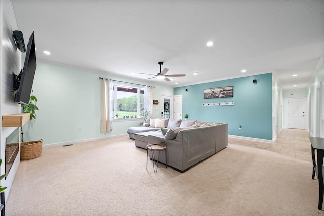 779 Iron Workers Rd W, Clarksville, TN 37043 - living room featuring light carpet, baseboards, recessed lighting, a ceiling fan, and crown molding