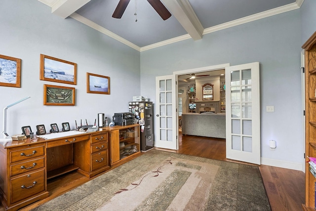 home office featuring french doors, a ceiling fan, and wood finished floors